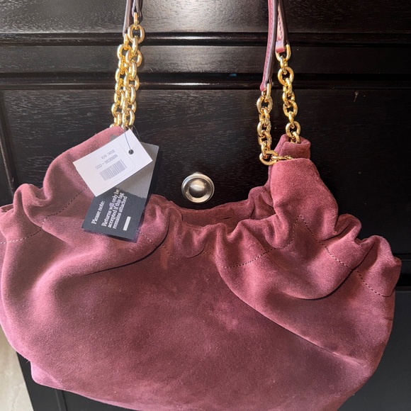 DeMellier Miami Burgundy Suede Shoulder Bag Gold Chain Accents Ruched NWT - Picture 12 of 12